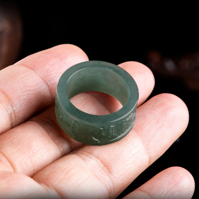 Buddha Stones, natürlicher Jade, Om Mani Padme Hum, geschnitzter Wohlstandsring - image 4