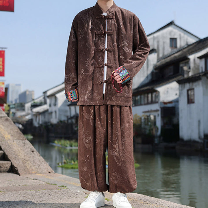Buddha Stones Herbst Winter Tang Style Vintage Mandarin Collar Frog Button Abstract Cotton Shirt Pants Men's Meditation Cloth With Pockets - image 2