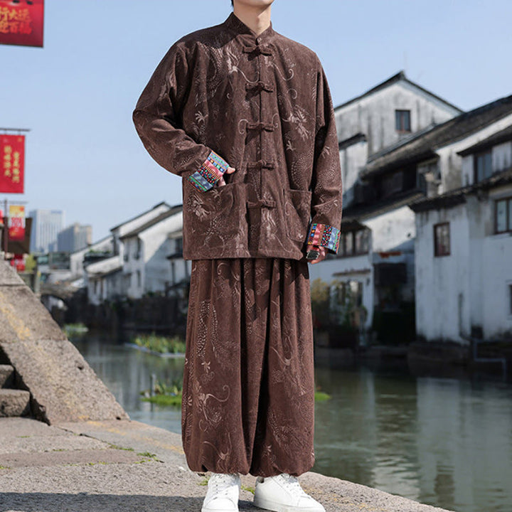 Buddha Stones Herbst Winter Tang Style Vintage Mandarin Collar Frog Button Abstract Cotton Shirt Pants Men's Meditation Cloth With Pockets - image 1