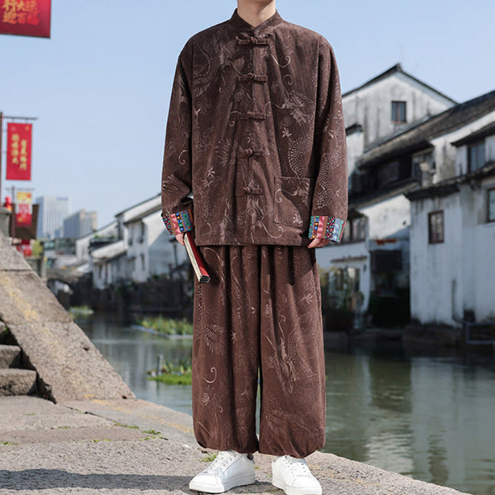 Buddha Stones Herbst Winter Tang Style Vintage Mandarin Collar Frog Button Abstract Cotton Shirt Pants Men's Meditation Cloth With Pockets - image 5