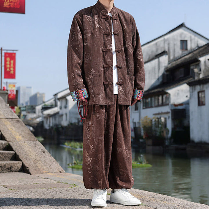Buddha Stones Herbst Winter Tang Style Vintage Mandarin Collar Frog Button Abstract Cotton Shirt Pants Men's Meditation Cloth With Pockets - image 3