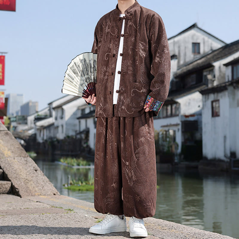 Buddha Stones Herbst Winter Tang Style Vintage Mandarin Collar Frog Button Abstract Cotton Shirt Pants Men's Meditation Cloth With Pockets - Sienna - US/UK/AU46, EU56 (5XL) - image 0