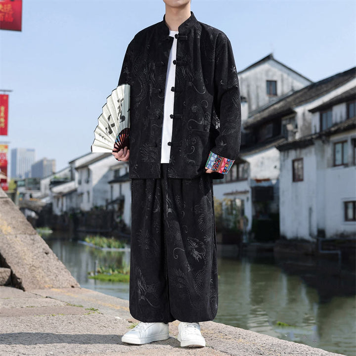 Buddha Stones Herbst Winter Tang Style Vintage Mandarin Collar Frog Button Abstract Cotton Shirt Pants Men's Meditation Cloth With Pockets - Schwarz - US/UK/AU46, EU56 (5XL) - image 11