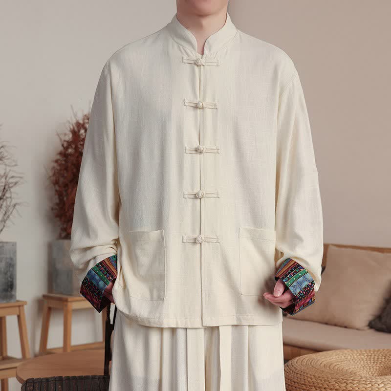 Buddha Stones Lässige Herrenjacke im Tang-Stil mit Froschknopfleiste, Stehkragen und Taschen für Herbst und Winter - Antikweiß - US/UK/AU46, EU56 (5XL) - image 0