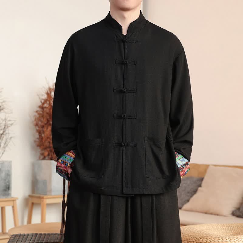 Buddha Stones Lässige Herrenjacke im Tang-Stil mit Froschknopfleiste, Stehkragen und Taschen für Herbst und Winter - Schwarz - US/UK/AU46, EU56 (5XL) - image 3