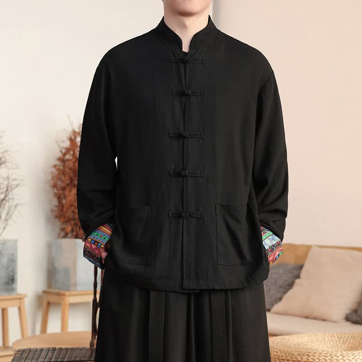 Buddha Stones Lässige Herrenjacke im Tang-Stil mit Froschknopfleiste, Stehkragen und Taschen für Herbst und Winter - Schwarz - US/UK/AU46, EU56 (5XL) - image 3