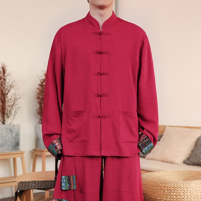 Buddha Stones Lässige Herrenjacke im Tang-Stil mit Froschknopfleiste, Stehkragen und Taschen für Herbst und Winter - Purpurrot - US/UK/AU46, EU56 (5XL) - image 11