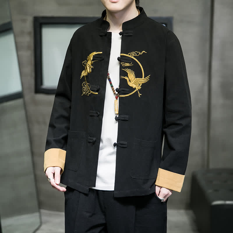 Buddha Stones Herbst/Winter Tang Style Vintage Herrenjacke aus Baumwolle mit Taschen, Froschknopf, Kranich- und Wolkenstickereimuster - Schwarz - US/UK/AU46, EU56 (5XL) - image 9