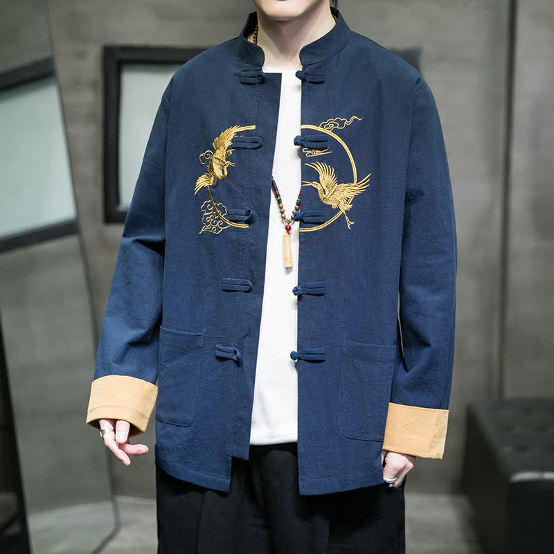 Buddha Stones Herbst/Winter Tang Style Vintage Herrenjacke aus Baumwolle mit Taschen, Froschknopf, Kranich- und Wolkenstickereimuster - Mitternachtsblau - US/UK/AU46, EU56 (5XL) - image 15