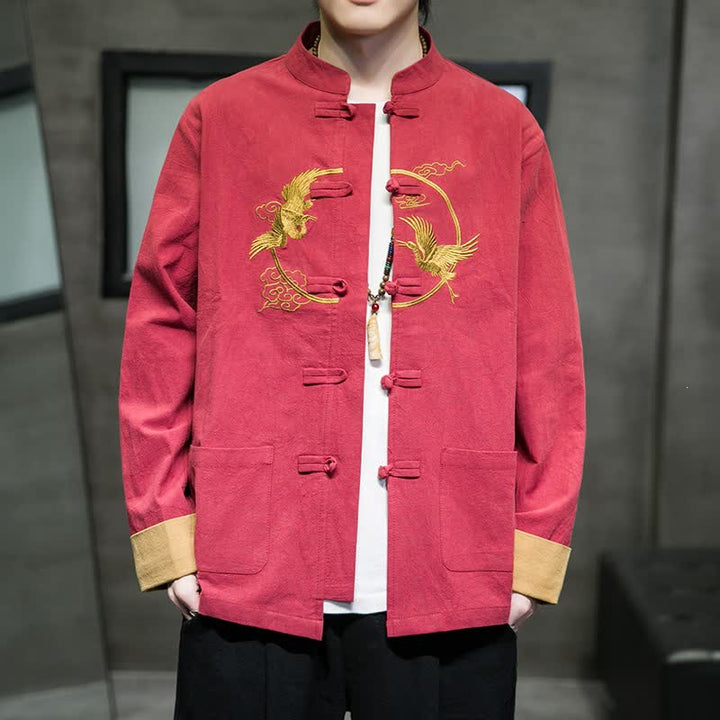 Buddha Stones Herbst/Winter Tang Style Vintage Herrenjacke aus Baumwolle mit Taschen, Froschknopf, Kranich- und Wolkenstickereimuster - Purpurrot - US/UK/AU46, EU56 (5XL) - image 0