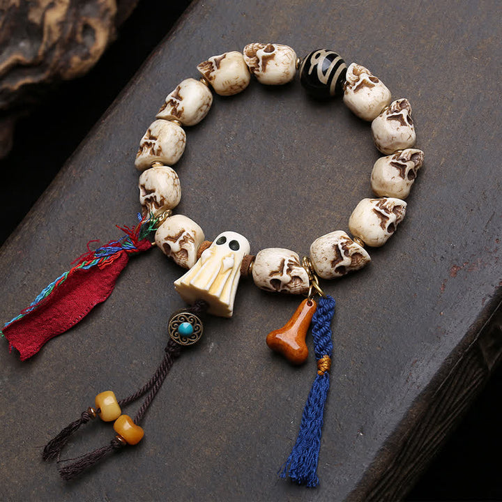 Buddha Stones Handgeschnitztes Armband aus Knochenperlen – Herr des Leichenwaldes – Dzi-Perlen-Schutzarmband - 6,3–6,7 Zoll / 16–17 cm - image 0