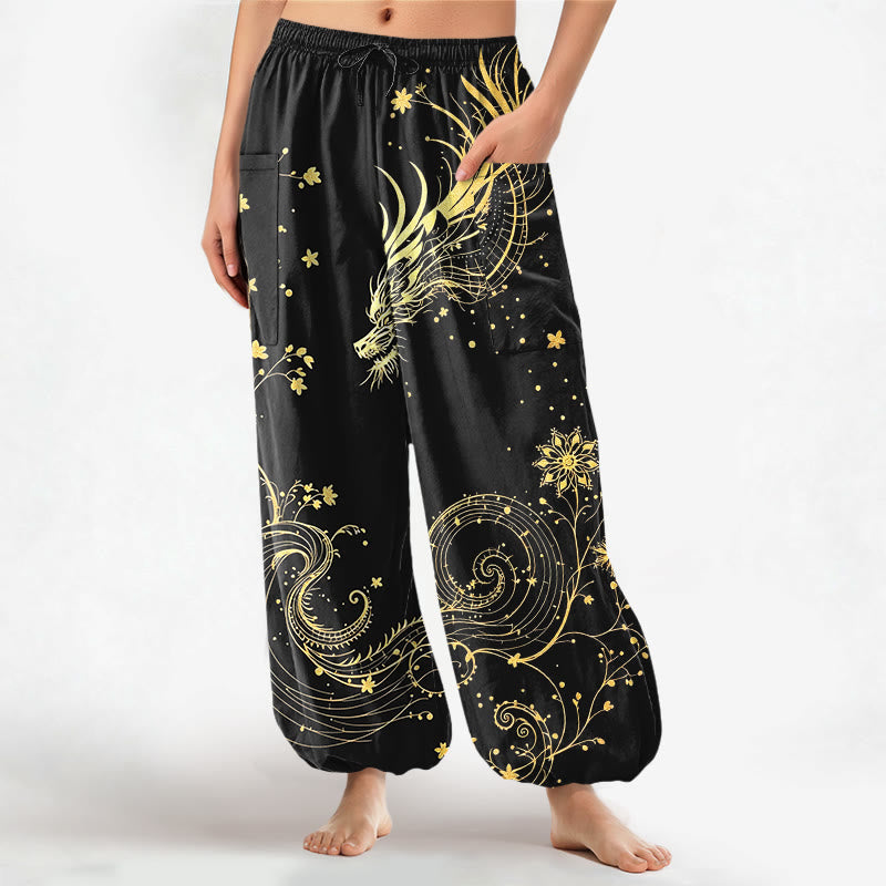 Buddha Stones Baumwoll-Haremshose für Damen mit goldenem Drachen- und Blumenmuster, elastischem Bund und Seitentaschen - Schwarz - US16, UK/AU20, EU48 (3XL) - image 0