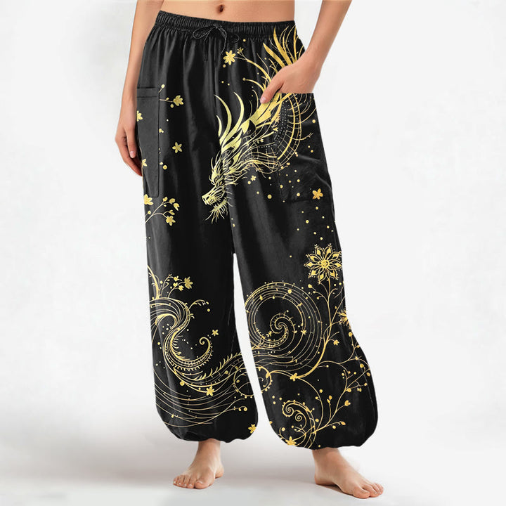 Buddha Stones Baumwoll-Haremshose für Damen mit goldenem Drachen- und Blumenmuster, elastischem Bund und Seitentaschen - Schwarz - US16, UK/AU20, EU48 (3XL) - image 0