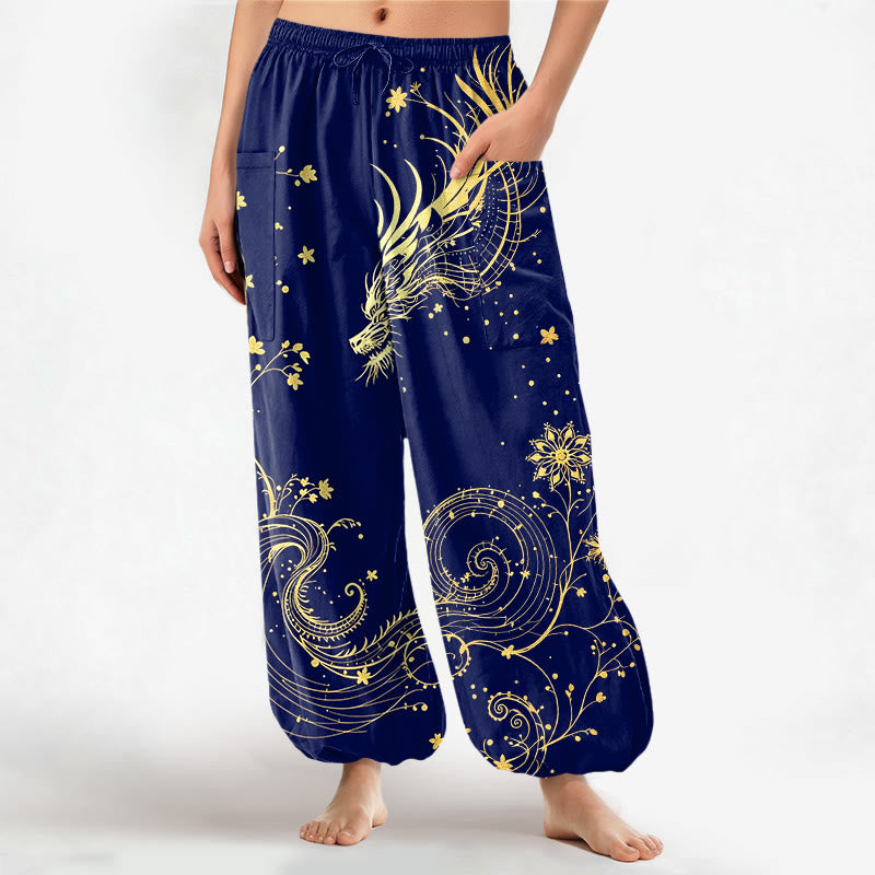Buddha Stones Baumwoll-Haremshose für Damen mit goldenem Drachen- und Blumenmuster, elastischem Bund und Seitentaschen - Marine - US16, UK/AU20, EU48 (3XL) - image 7