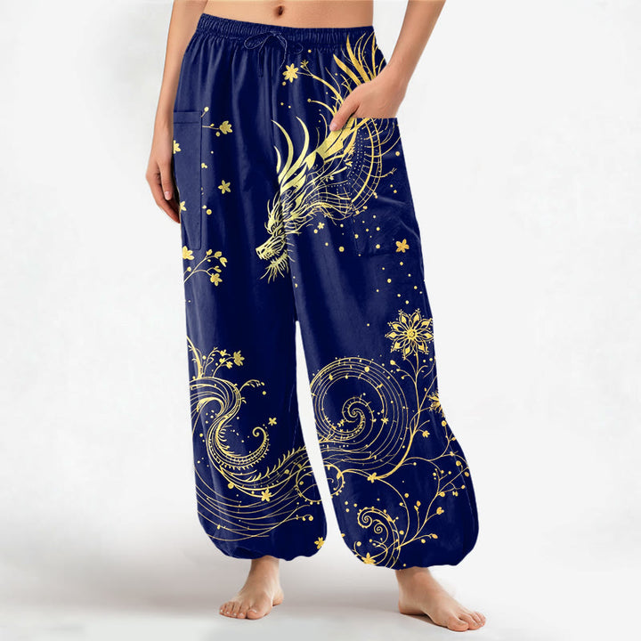 Buddha Stones Baumwoll-Haremshose für Damen mit goldenem Drachen- und Blumenmuster, elastischem Bund und Seitentaschen - Marine - US16, UK/AU20, EU48 (3XL) - image 7