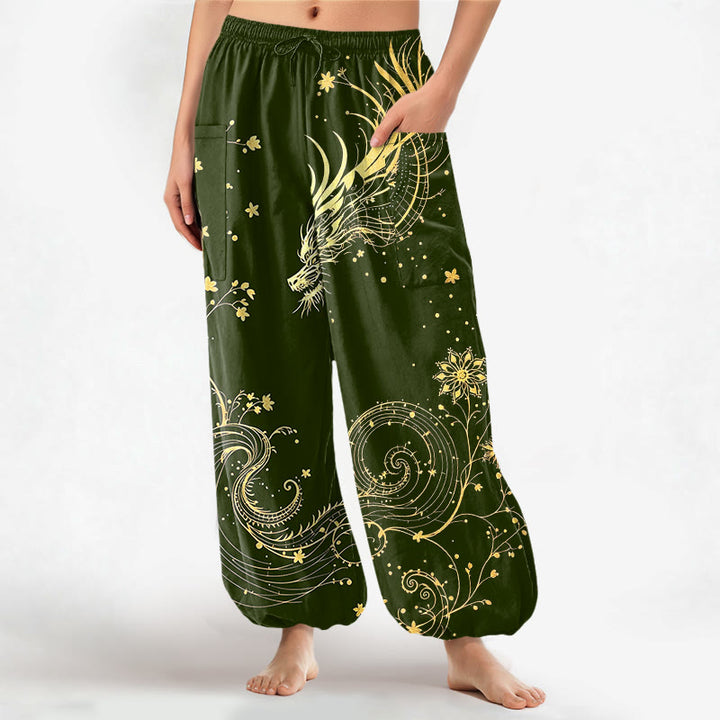 Buddha Stones Baumwoll-Haremshose für Damen mit goldenem Drachen- und Blumenmuster, elastischem Bund und Seitentaschen - Dunkelolivgrün - US16, UK/AU20, EU48 (3XL) - image 10