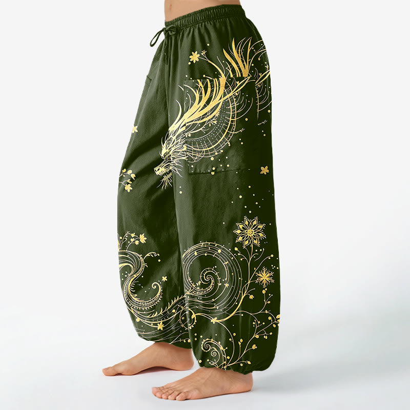 Buddha Stones Baumwoll-Haremshose für Damen mit goldenem Drachen- und Blumenmuster, elastischem Bund und Seitentaschen - image 11