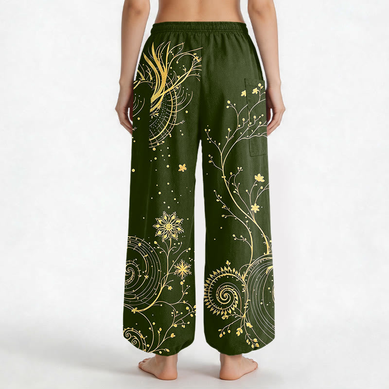 Buddha Stones Baumwoll-Haremshose für Damen mit goldenem Drachen- und Blumenmuster, elastischem Bund und Seitentaschen - image 12