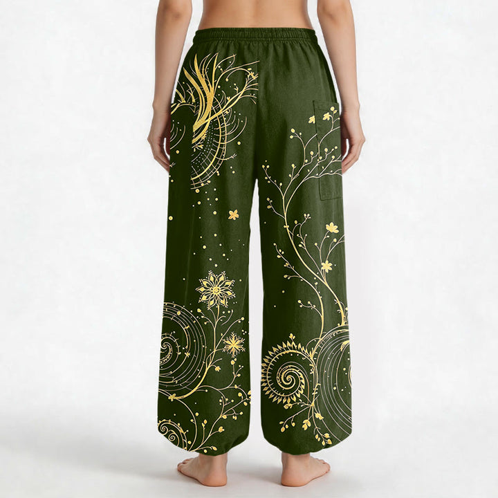 Buddha Stones Baumwoll-Haremshose für Damen mit goldenem Drachen- und Blumenmuster, elastischem Bund und Seitentaschen - image 12