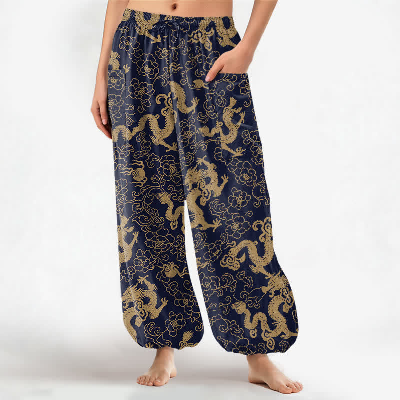 Buddha Stones Baumwoll-Haremshose für Damen mit goldenem Drachen- und Blumenmuster, elastischem Bund und Seitentaschen - Marine - US16, UK/AU20, EU48 (3XL) - image 0