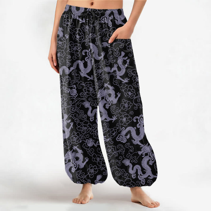 Buddha Stones Baumwoll-Haremshose für Damen mit goldenem Drachen- und Blumenmuster, elastischem Bund und Seitentaschen - Schwarz - US16, UK/AU20, EU48 (3XL) - image 10