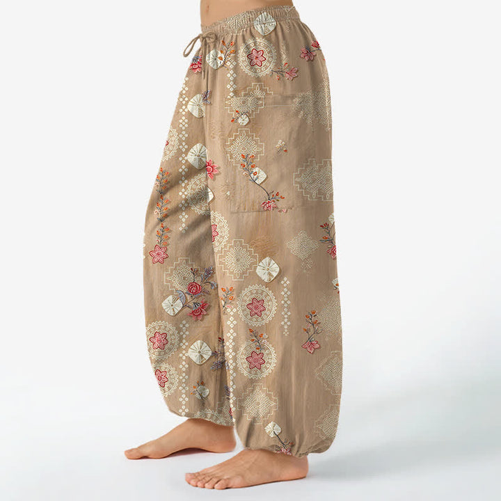 Buddha Stones Baumwoll-Haremshose für Damen mit Vintage-Blumen- und geometrischem Muster, elastischem Bund und Seitentaschen - image 1
