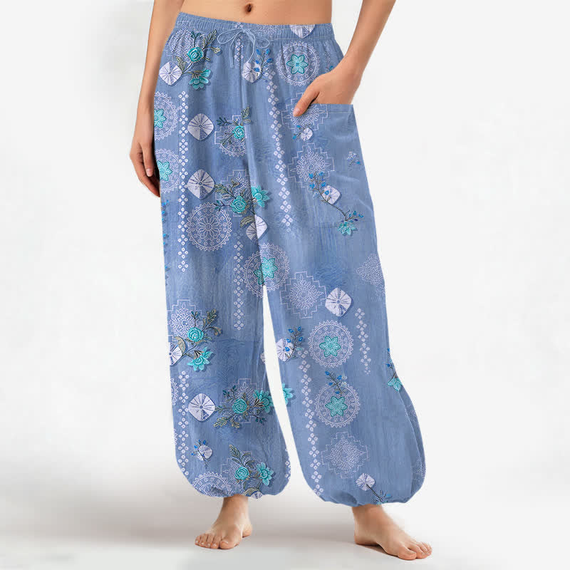 Buddha Stones Baumwoll-Haremshose für Damen mit Vintage-Blumen- und geometrischem Muster, elastischem Bund und Seitentaschen - SteelBlue - US16, UK/AU20, EU48 (3XL) - image 10
