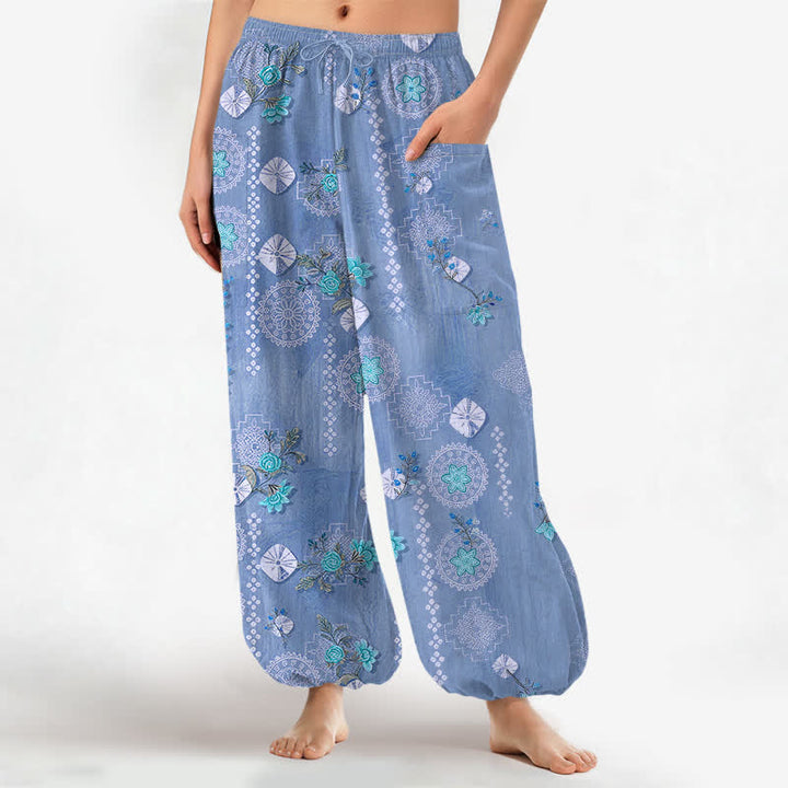 Buddha Stones Baumwoll-Haremshose für Damen mit Vintage-Blumen- und geometrischem Muster, elastischem Bund und Seitentaschen - SteelBlue - US16, UK/AU20, EU48 (3XL) - image 10