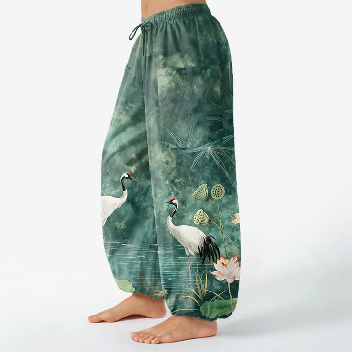 Buddha Stones Baumwoll-Haremshose für Damen mit orientalischem Kranich- und Lotusmuster, elastischem Bund und Seitentaschen - image 1