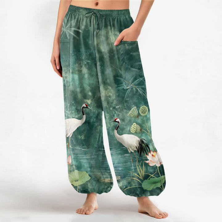 Buddha Stones Baumwoll-Haremshose für Damen mit orientalischem Kranich- und Lotusmuster, elastischem Bund und Seitentaschen - Mittel-Aquamarin - US16, UK/AU20, EU48 (3XL) - image 0