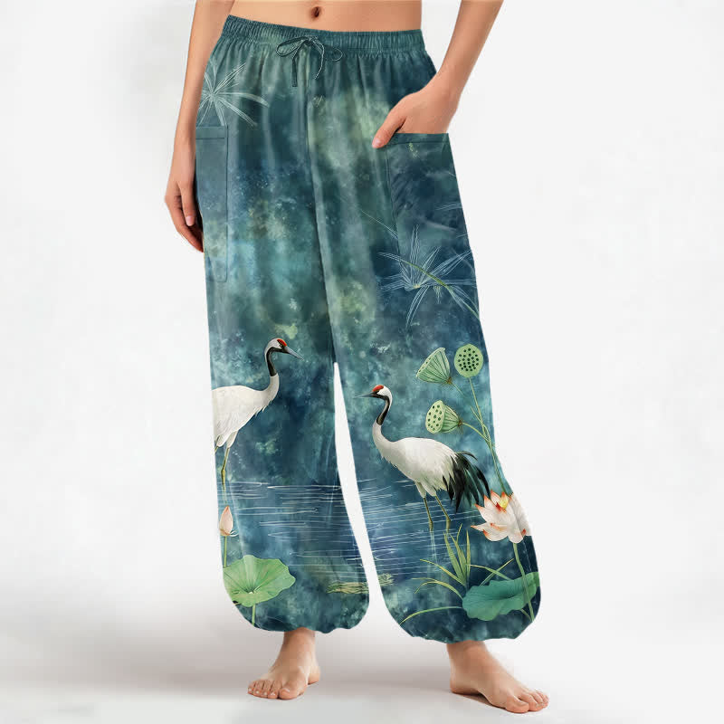 Buddha Stones Baumwoll-Haremshose für Damen mit orientalischem Kranich- und Lotusmuster, elastischem Bund und Seitentaschen - Türkis - US16, UK/AU20, EU48 (3XL) - image 7