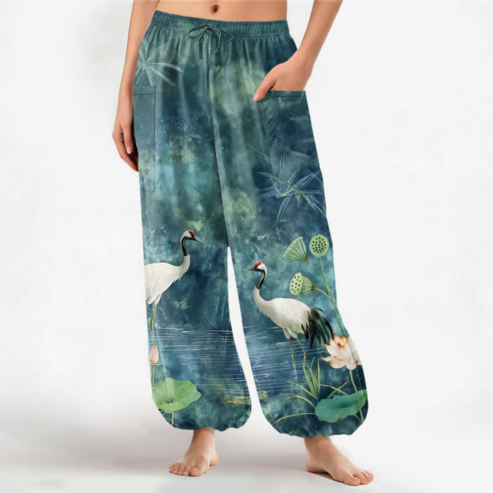 Buddha Stones Baumwoll-Haremshose für Damen mit orientalischem Kranich- und Lotusmuster, elastischem Bund und Seitentaschen - Türkis - US16, UK/AU20, EU48 (3XL) - image 7