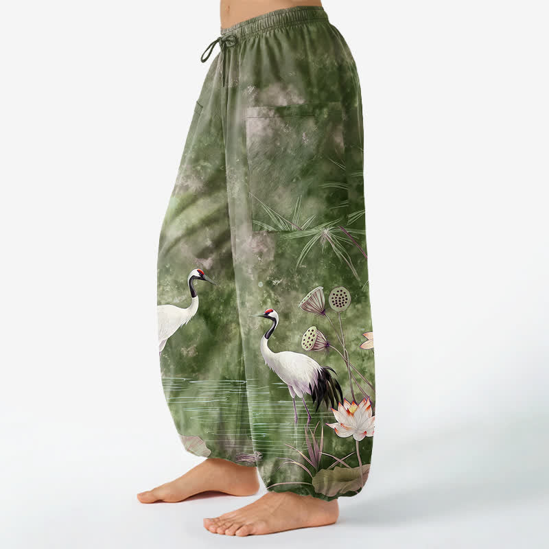 Buddha Stones Baumwoll-Haremshose für Damen mit orientalischem Kranich- und Lotusmuster, elastischem Bund und Seitentaschen - image 11