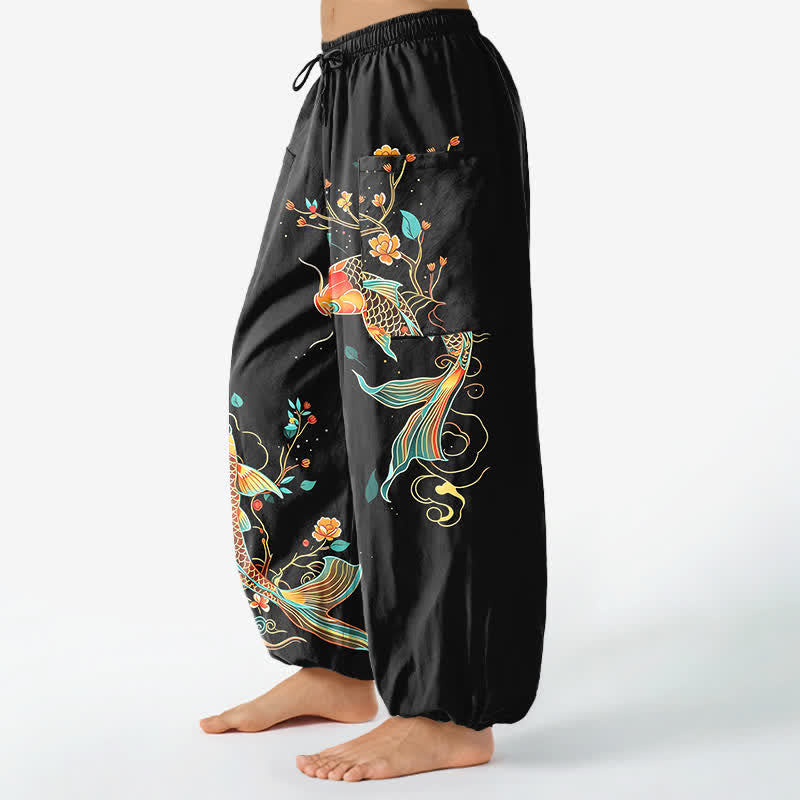 Buddha Stones Baumwoll-Haremshose mit orientalischem Koi-Blumenmuster, elastischem Bund und Seitentaschen für Damen - image 1
