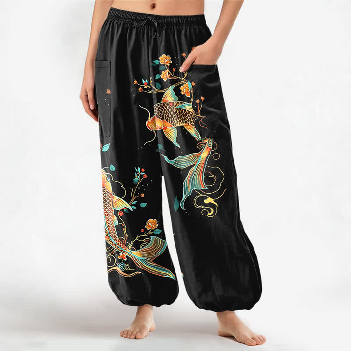 Buddha Stones Baumwoll-Haremshose mit orientalischem Koi-Blumenmuster, elastischem Bund und Seitentaschen für Damen - Schwarz - US16, UK/AU20, EU48 (3XL) - image 0