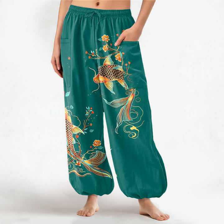 Buddha Stones Baumwoll-Haremshose mit orientalischem Koi-Blumenmuster, elastischem Bund und Seitentaschen für Damen - Türkis - US16, UK/AU20, EU48 (3XL) - image 7