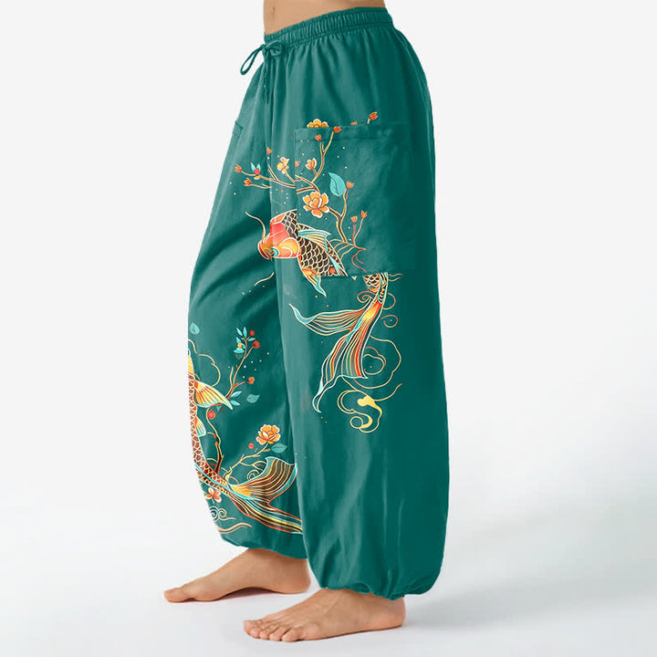 Buddha Stones Baumwoll-Haremshose mit orientalischem Koi-Blumenmuster, elastischem Bund und Seitentaschen für Damen - image 8