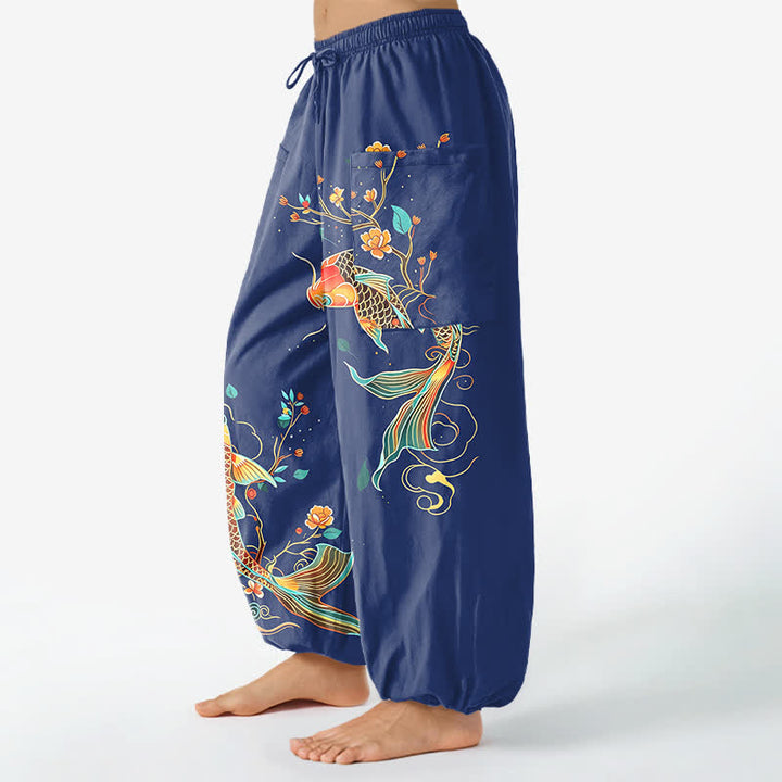Buddha Stones Baumwoll-Haremshose mit orientalischem Koi-Blumenmuster, elastischem Bund und Seitentaschen für Damen - image 11