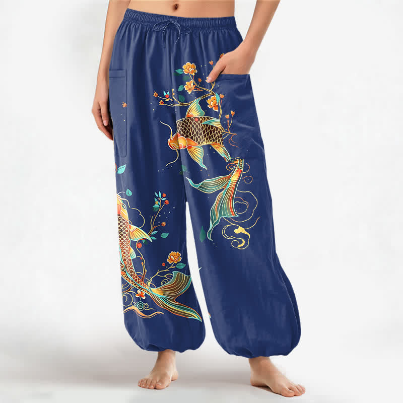 Buddha Stones Baumwoll-Haremshose mit orientalischem Koi-Blumenmuster, elastischem Bund und Seitentaschen für Damen - Marine - US16, UK/AU20, EU48 (3XL) - image 10