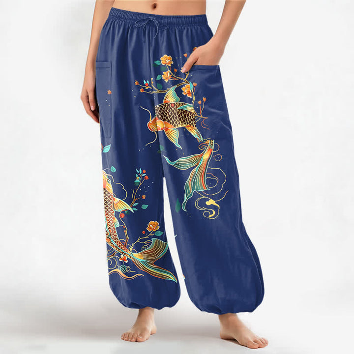 Buddha Stones Baumwoll-Haremshose mit orientalischem Koi-Blumenmuster, elastischem Bund und Seitentaschen für Damen - Marine - US16, UK/AU20, EU48 (3XL) - image 10