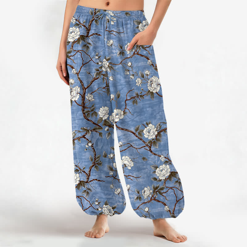 Buddha Stones Baumwoll-Haremshose für Damen mit botanischem Blütenmuster, elastischem Bund und Seitentaschen - SteelBlue - US16, UK/AU20, EU48 (3XL) - image 0