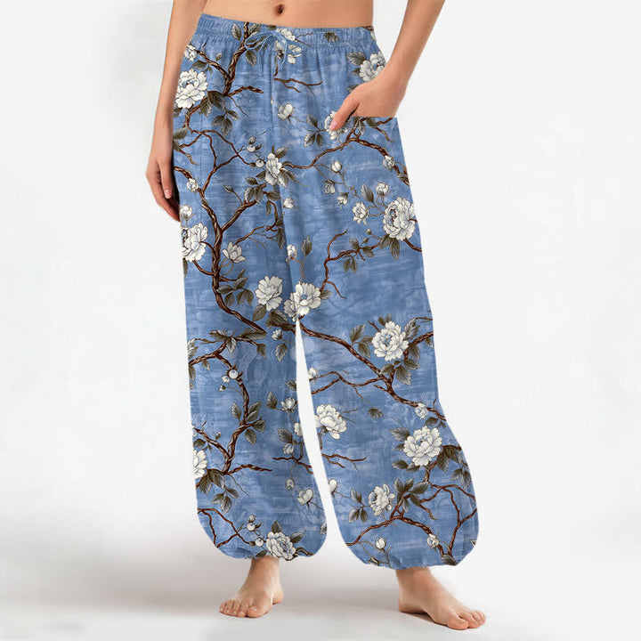 Buddha Stones Baumwoll-Haremshose für Damen mit botanischem Blütenmuster, elastischem Bund und Seitentaschen - SteelBlue - US16, UK/AU20, EU48 (3XL) - image 0