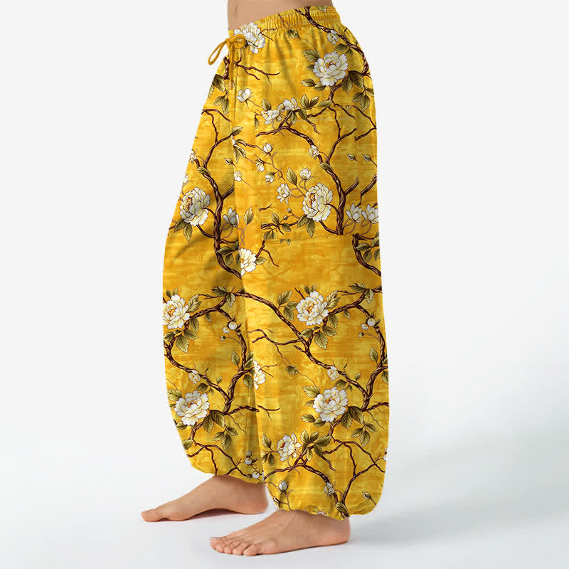 Buddha Stones Baumwoll-Haremshose für Damen mit botanischem Blütenmuster, elastischem Bund und Seitentaschen - image 8