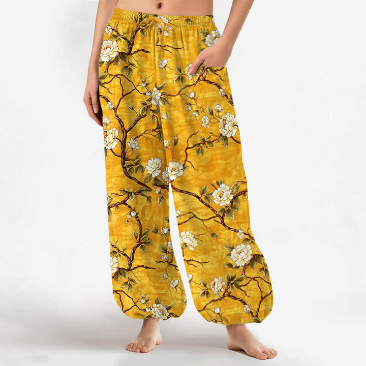 Buddha Stones Baumwoll-Haremshose für Damen mit botanischem Blütenmuster, elastischem Bund und Seitentaschen - Gold - US16, UK/AU20, EU48 (3XL) - image 7