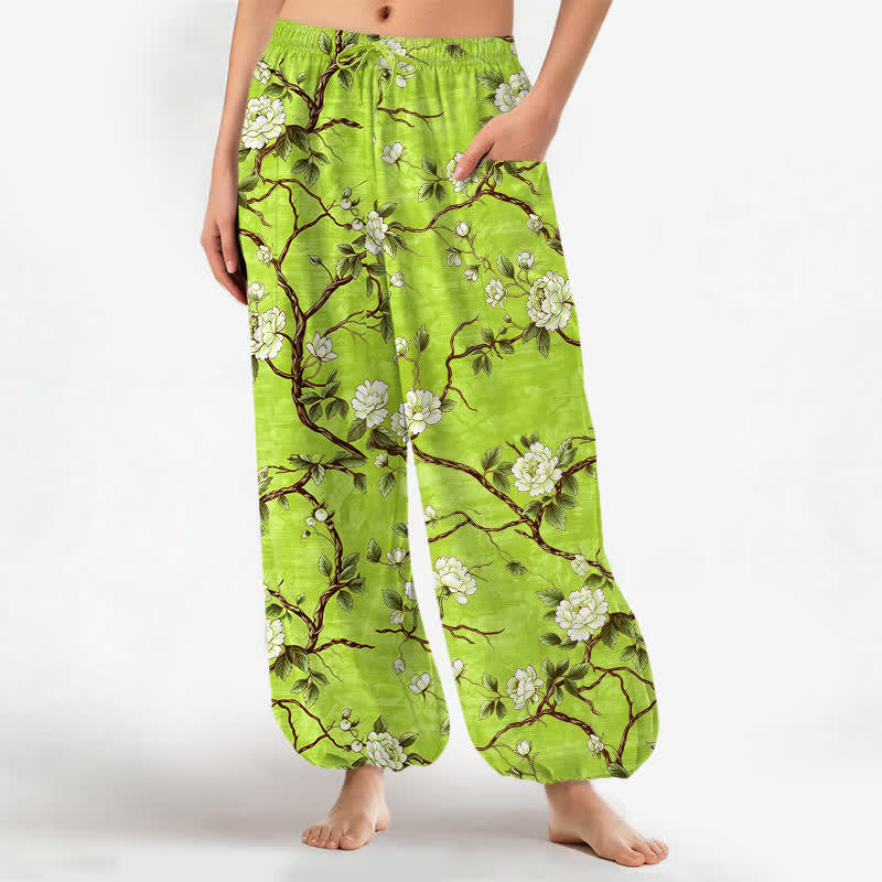 Buddha Stones Baumwoll-Haremshose für Damen mit botanischem Blütenmuster, elastischem Bund und Seitentaschen - LawnGreen - US16, UK/AU20, EU48 (3XL) - image 10