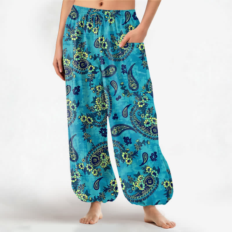 Buddha Stones Baumwoll-Haremshose für Damen mit Vintage-Paisley-Blumenmuster, elastischem Bund und Seitentaschen - Cyan - US16, UK/AU20, EU48 (3XL) - image 0