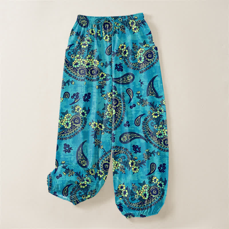 Buddha Stones Baumwoll-Haremshose für Damen mit Vintage-Paisley-Blumenmuster, elastischem Bund und Seitentaschen - image 3