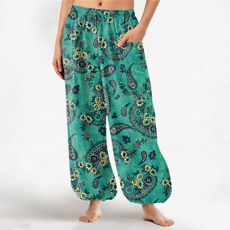 Buddha Stones Baumwoll-Haremshose für Damen mit Vintage-Paisley-Blumenmuster, elastischem Bund und Seitentaschen - Aquamarin - US16, UK/AU20, EU48 (3XL) - image 7