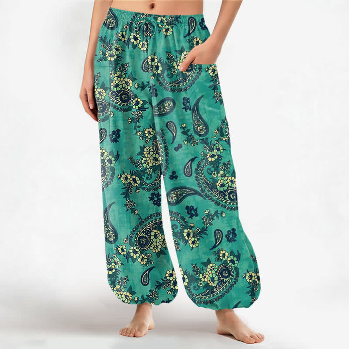Buddha Stones Baumwoll-Haremshose für Damen mit Vintage-Paisley-Blumenmuster, elastischem Bund und Seitentaschen - Aquamarin - US16, UK/AU20, EU48 (3XL) - image 7