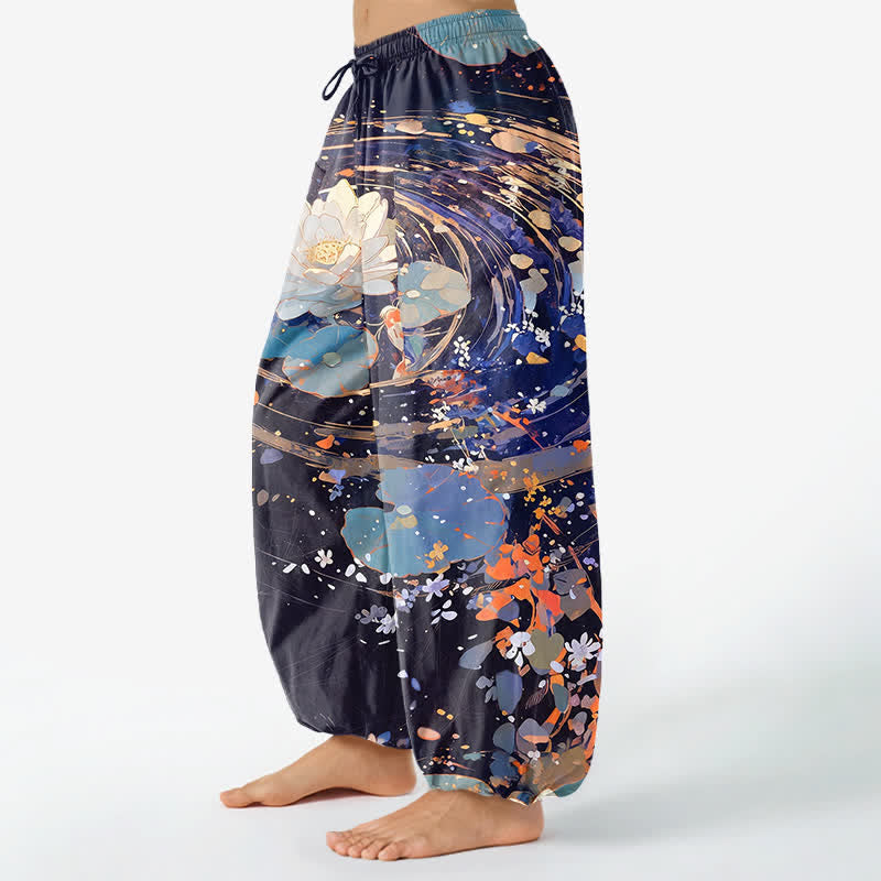 Buddha Stones Baumwoll-Haremshose mit Koi-Aquarellmuster, elastischem Bund und Seitentaschen - image 1